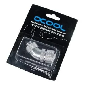 Компресионен фитинг Alphacool HF 13/10 G1/4 45° показан в близък план с акцент върху материала