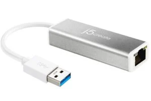 Мрежова карта J5 Create JUE130 USB 3.0 LAN 10/100/1000 показана отпред с видим RJ-45 порт
