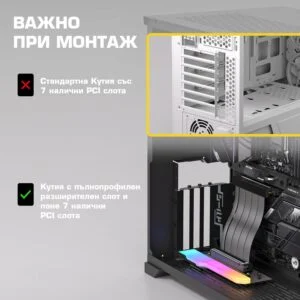 Брекет за вертикален монтаж на GPU EZDIY-FAB RGB PCIe 4.0 Riser Cable 90° изглед отстрани и монтаж