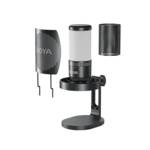 Настолен микрофон BOYA K3 отстрани с акцент върху бутоните за управление