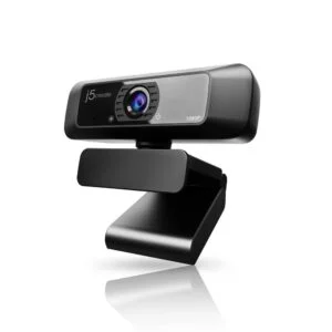 Уеб камера j5create JVCU100 показана от страничен ъгъл с видим USB кабел