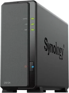 Сторидж NAS Synology DS124 1-диск изглед отпред с включен диск