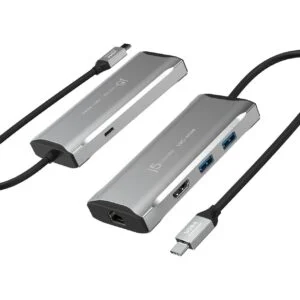 Докинг станция j5create JCD392 показваща USB-C портове и HDMI изход
