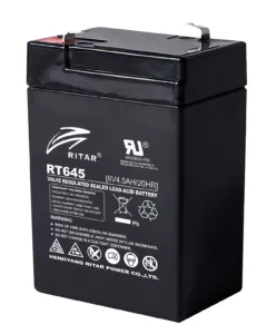 Оловна батерия RITAR RT645 AGM 6V 4.5Ah с размери 70 на 47 на 99 мм и терминал тип 1 продуктова снимка