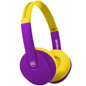 Блутут детски слушалки Maxell KIDZ HP-BT350 в малък размер виолетов и жълт цвят на продуктова снимка