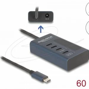 Delock USB Хъб с 4 USB-C порта показан отстрани с видими портове