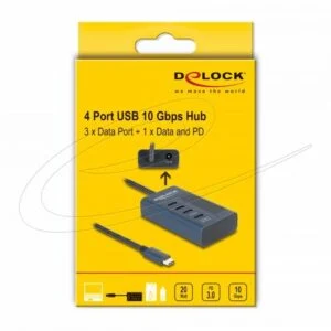 Delock USB Хъб 4 порта с кабел и USB-C конектор вид отпред