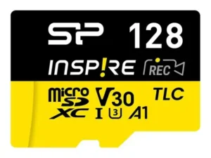 Карта памет Silicon Power microSDXC Inspire 128GB Class 10 с адаптер SD на бял фон