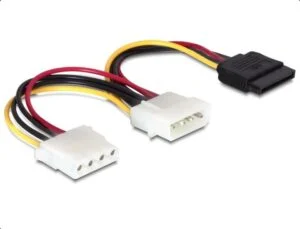 Кабел DeLock Power 4 pin мъжко към SATA 15 pin female + 4 pin женско 16.5 cm продуктова снимка с видими конектори
