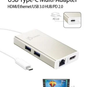 Бял мултипортов USB-C хъб j5Create JCA374 с видими всички портове и кабели