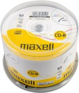 CD-R80 MAXELL 50 pk PRINTABLE 52 speed cake box продуктова снимка с кутия и дискове