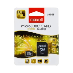 Карта памет Maxell micro SDXC 256GB с адаптер показана на бял фон
