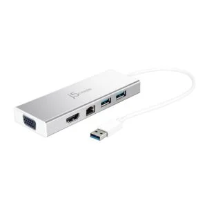6-портов хъб j5create Mini Dock JUD380 USB 3.0 Gigabit Ethernet HDMI VGA USB-B Бял основен изглед
