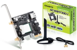 Безжичен PCI Express адаптер Gigabyte GC-WB1733D-I с две външни антени на снимка от близо