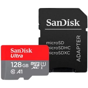 Карта памет SANDISK Ultra microSDXC 128GB с адаптер на бял фон