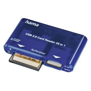 Четец за карти HAMA 35 in 1 показан отстрани с видими USB и слот за карти
