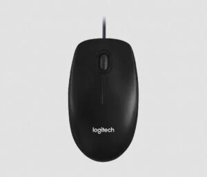 Жична оптична мишка LOGITECH M100 показана отпред с видим кабел и скрол колело