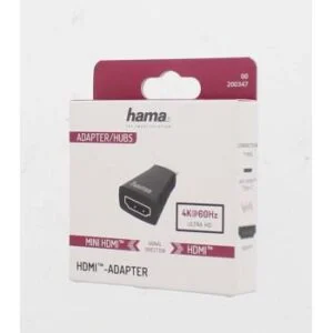 Адаптер HAMA 200347 показан отстрани с видими конектори Mini-HDMI и HDMI
