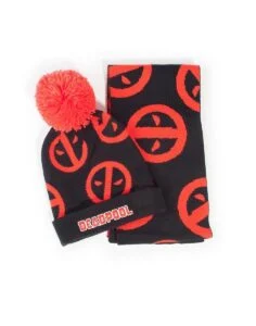 Комплект шал и шапка DIFUZED Deadpool Symbol Черен/Червен на бял фон
