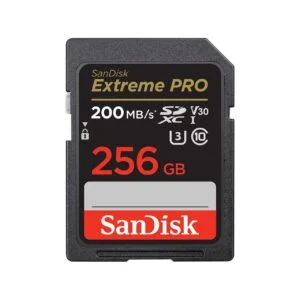 Карта памет SANDISK Extreme PRO SDHC 256GB продуктова снимка показваща дизайна и спецификациите
