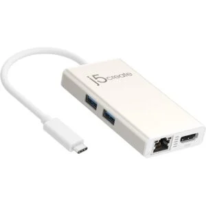 Мултипортов USB-C адаптер j5Create JCA374 с HDMI и Ethernet портове отпред