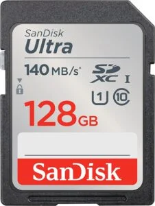 Карта памет SANDISK Ultra SDXC 128GB продуктова снимка с видим дизайн и надпис
