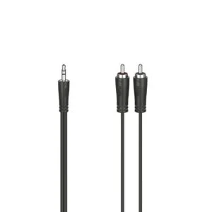 Аудио кабел HAMA 3.5 mm жак мъжко към 2 x чинч мъжко в черен цвят на бял фон