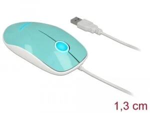 Оптична мишка DeLock USB-A с кабел 1.3 м в тюркоазен цвят на бял фон