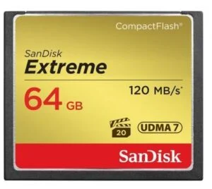 Карта памет SANDISK Extreme CompactFlash Memory Card 64Gb продуктова снимка показваща дизайна и формата