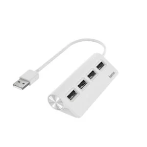 USB хъб 4 портов HAMA-200120 бял с вграден USB кабел на бял фон