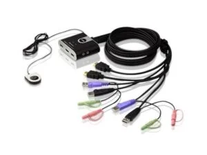 Превключвател KVM ATEN CS692 дву портов USB HDMI превключвател продуктова снимка с видими портове и бутон за превключване