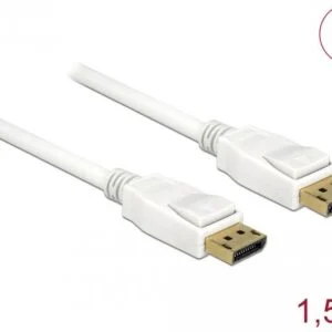 Кабел Delock DisplayPort 1.2 мъжко бял показан от различни ъгли с видими конектори