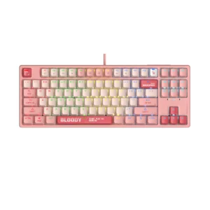 А4tech Геймърска механична клавиатура Bloody Energy Pink S87 преден изглед с RGB подсветка