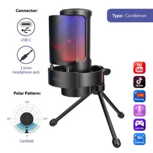Настолен микрофон FIFINE A8V RGB - Black показан с USB Type-C кабел