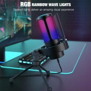Настолен микрофон FIFINE A8V RGB - Black показан с жак за слушалки