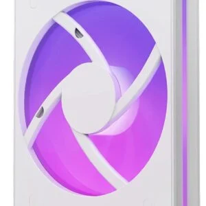 Близък план на вентилатор от комплекта NZXT F360 White RGB Core с видими RGB LED светлини