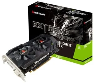 Видео карта BIOSTAR GeForce GTX 1050TI 4GB GDDR5 продуктова снимка с видими охлаждащи елементи