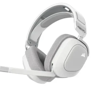 Геймърски слушалки Corsair HS80 MAX White показващи контролите на ухото