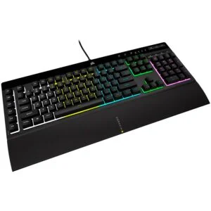 Геймърскa мембранна клавиатура Corsair K55 RGB Pro USB показана отстрани и с видими макро бутони
